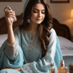 Woman smelling perfume in bedroom, symbolizing pleasant dreams and fragrances.